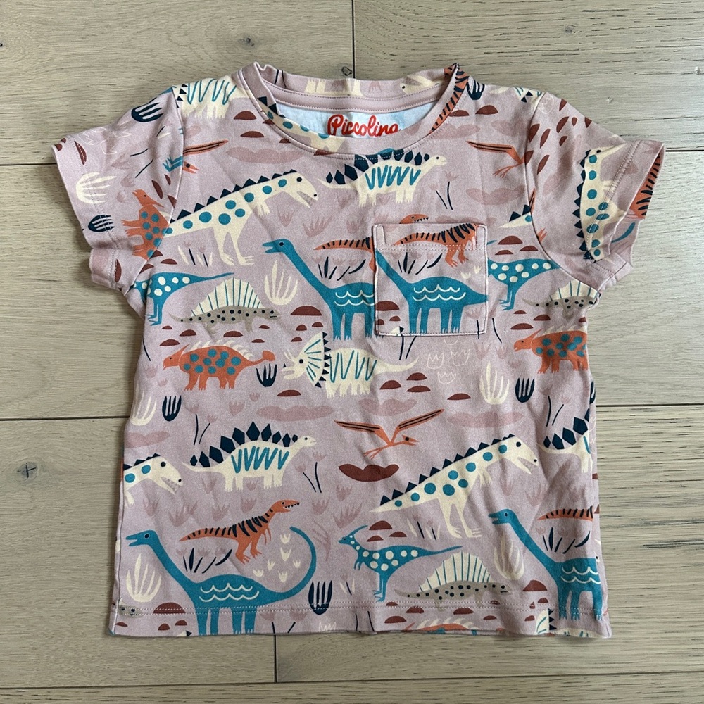 Piccolina Dinosaur Print Unisex Kids Cotton Pocket Tee